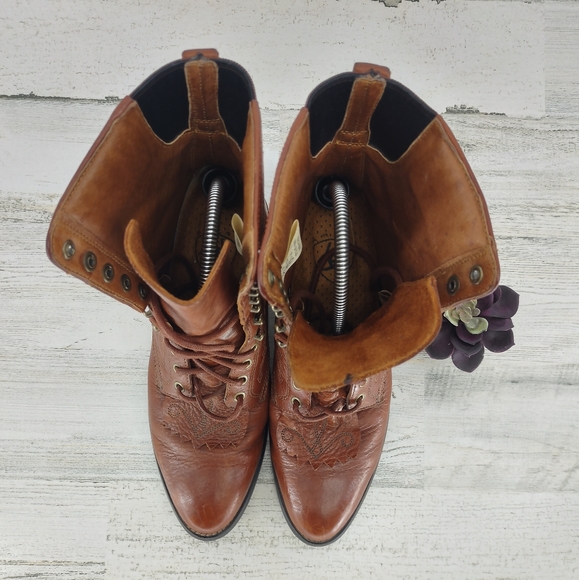 Ariat Brown Leather Lace Up Boots Heritage Roper Embossed - Picture 3 of 8